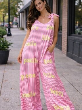 Striped Pink Tie-Shoulder Wide-Leg Jumpsuit
